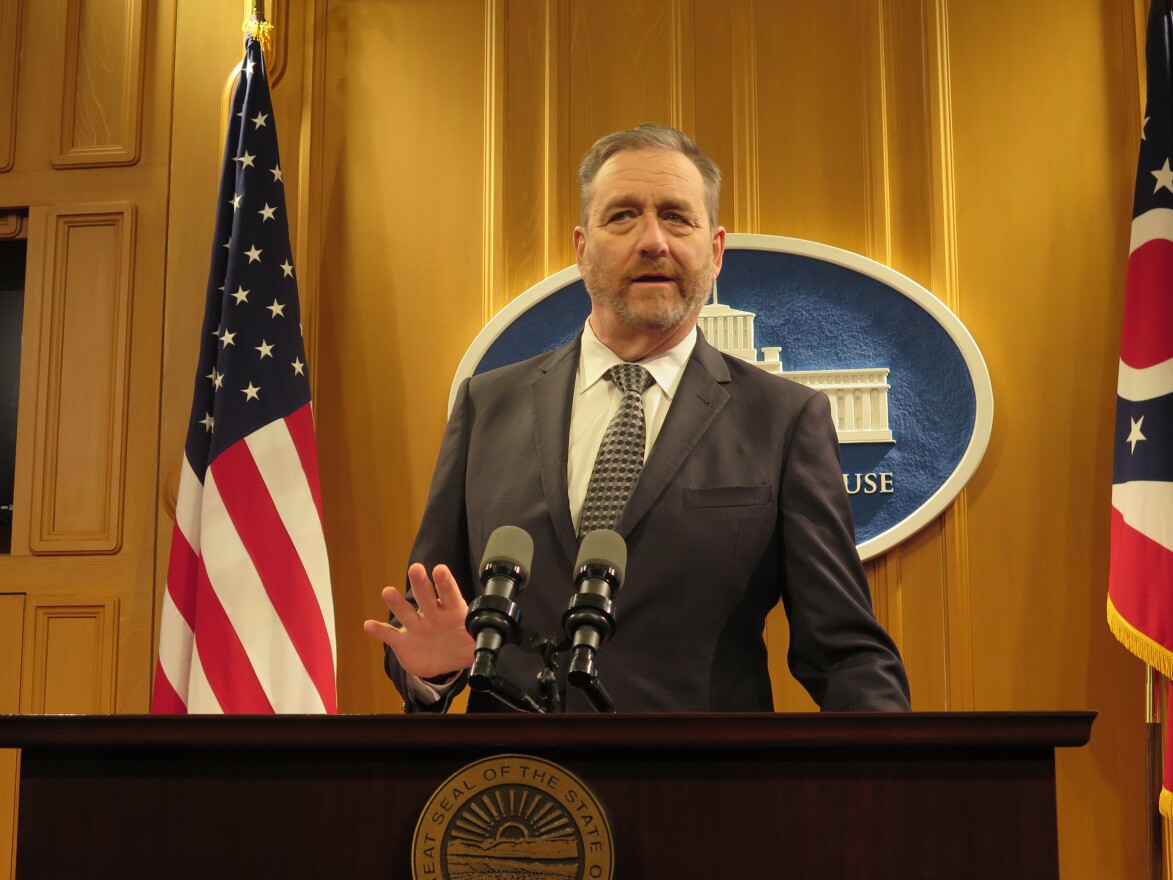 Attorney General Dave Yost speaks at a press conference in 2018.